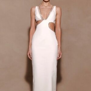 MESHKI Henny Diamante Trim Cut Out Midi Dress - White